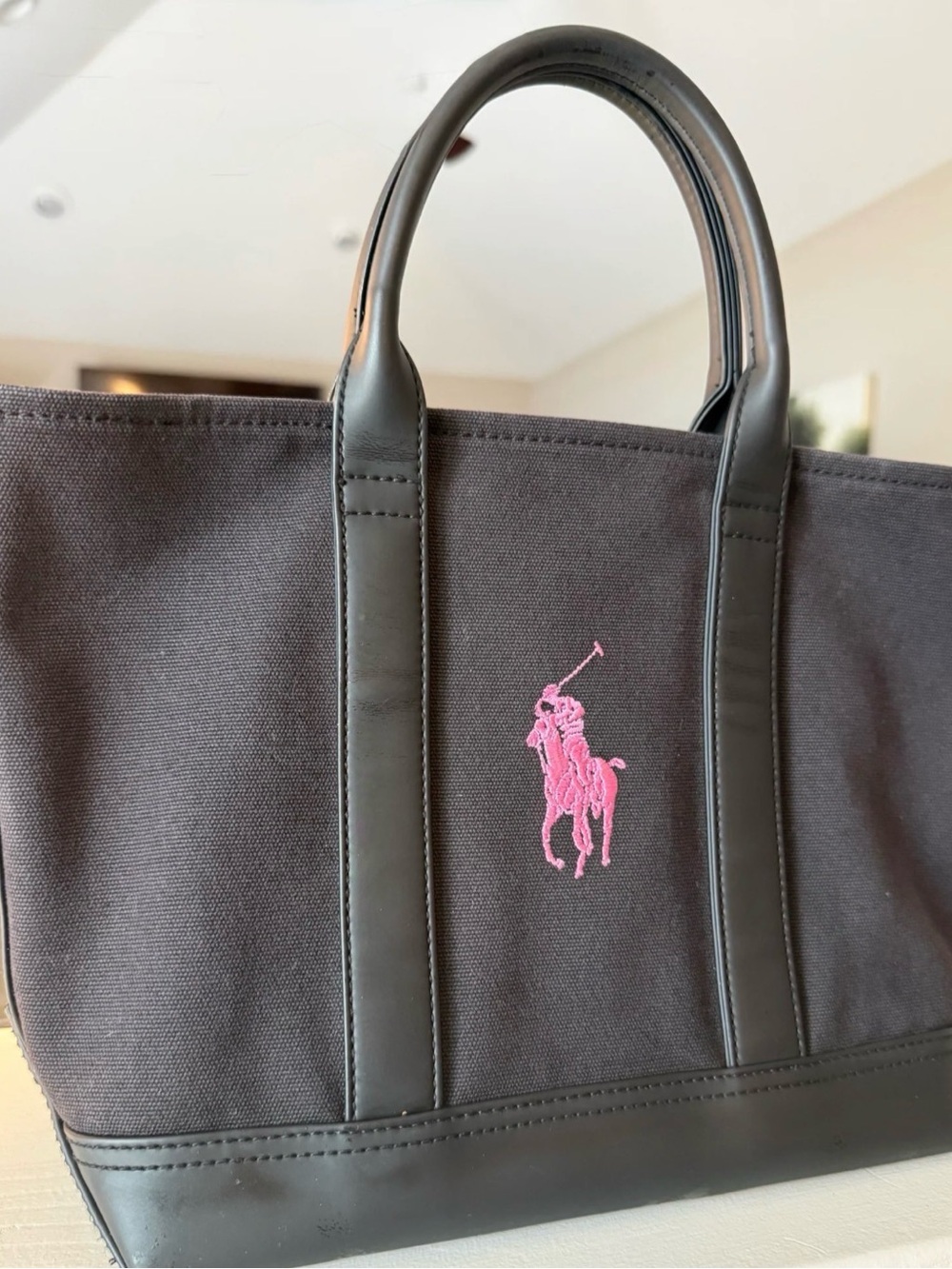 Ralph Lauren Black Canvas Tote with Pink Polo Emblem - Picture 4 of 9